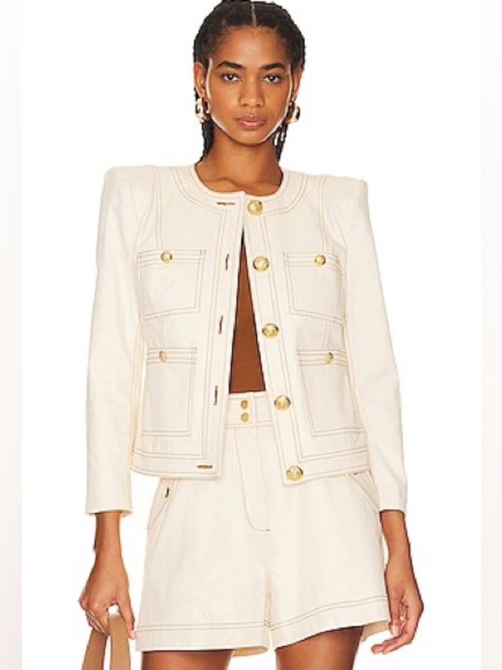 VERONICA BEARD ‘Ferazia’ Cotton Jacket in Ecru Gold Buttons Padded Shoulders
